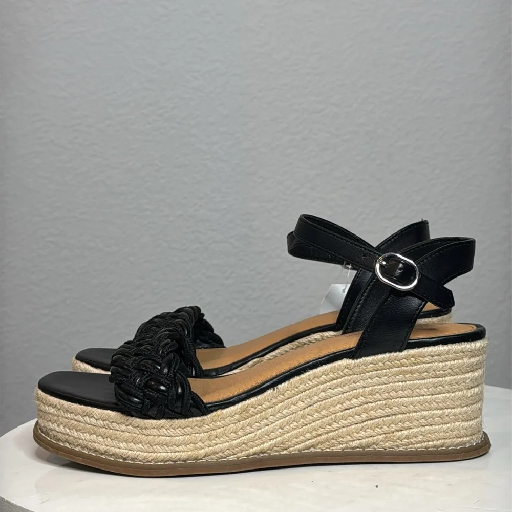 TIME AND TRU WOMENS BLACK BRAIDED ANKLE STRAP ESPADRILLE PLATFORM WEDGES **NWT**